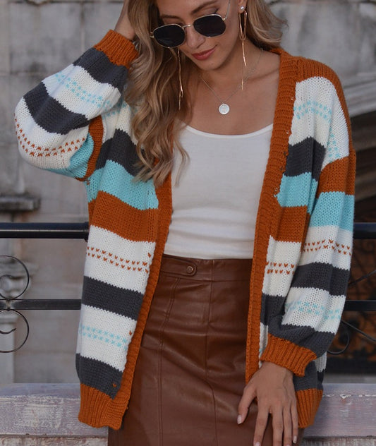 Rainbow Striped Pattern Drop Shoulder Opened Cardigan