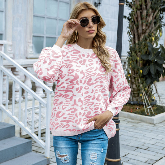 Pink Frenchy Leopard Pattern Mock Neck Drop Shoulder Sweater