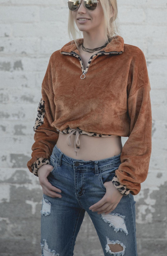 Brown Animal Print Trimmed Sherpa Crop Top