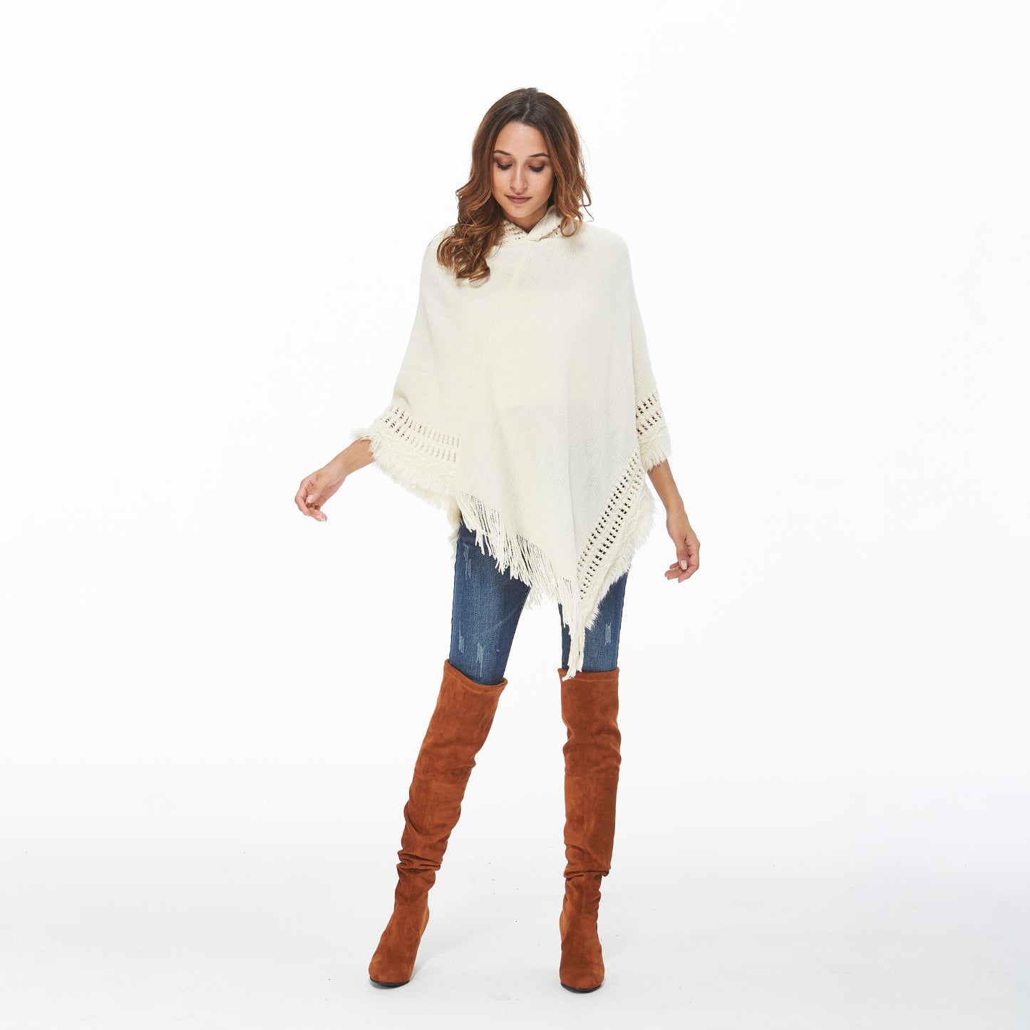 White Fringe Trim Batwing Sleeve Asymmetrical Hem Poncho Hooded Sweater