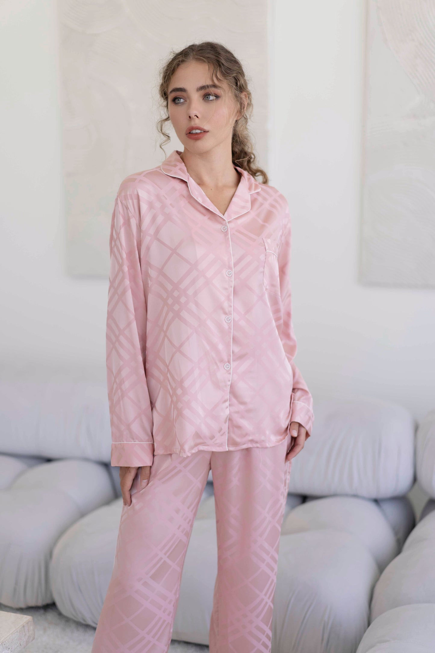 Pink Squared Button Front Long Sleeves Pajama Set