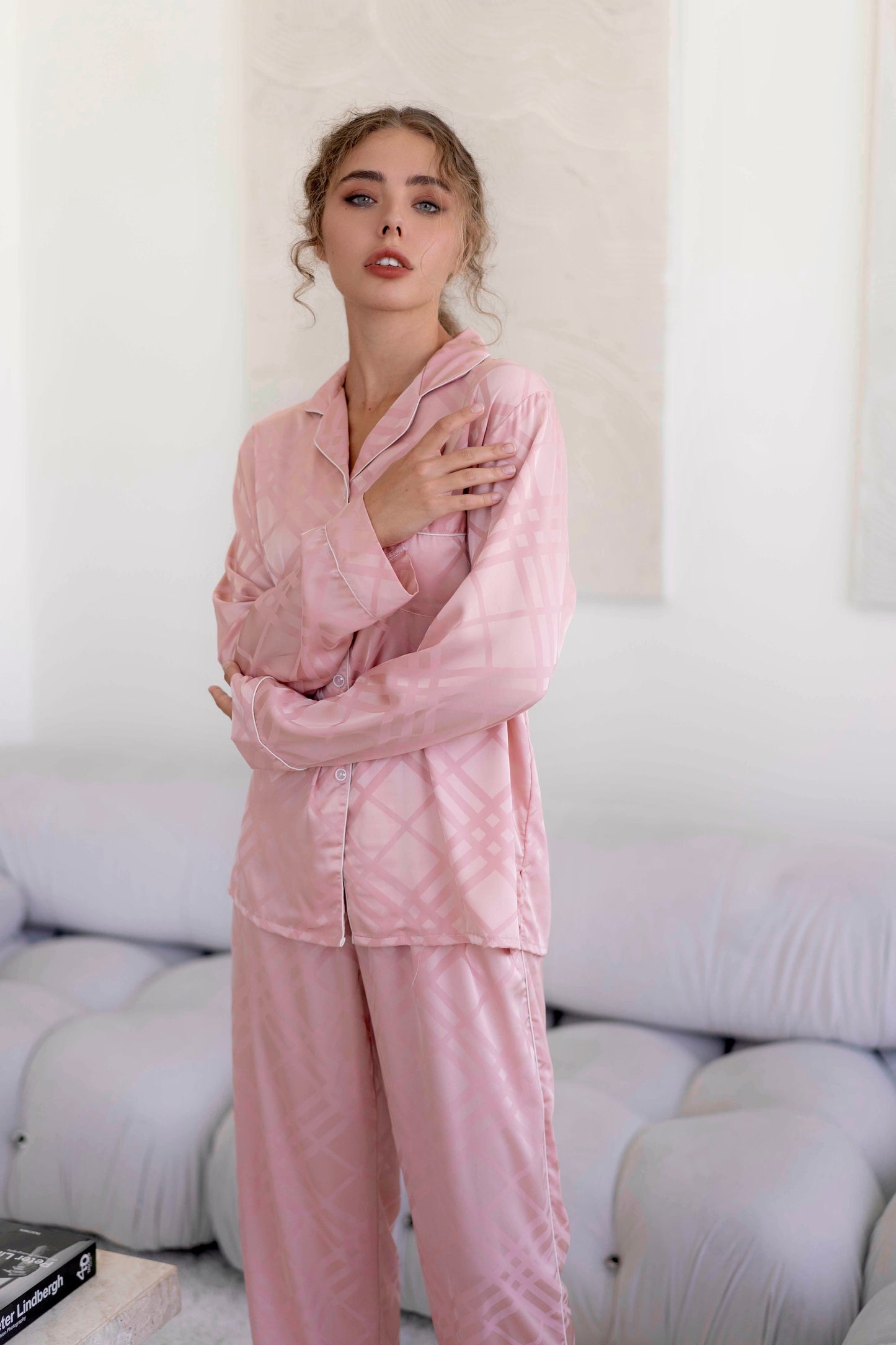 Pink Squared Button Front Long Sleeves Pajama Set