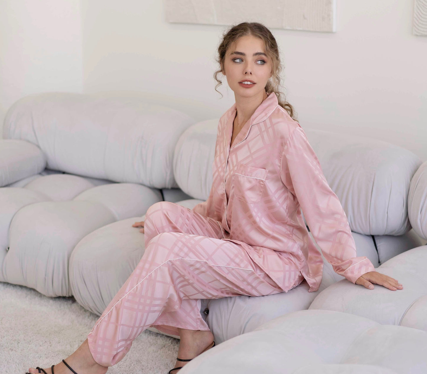 Pink Squared Button Front Long Sleeves Pajama Set