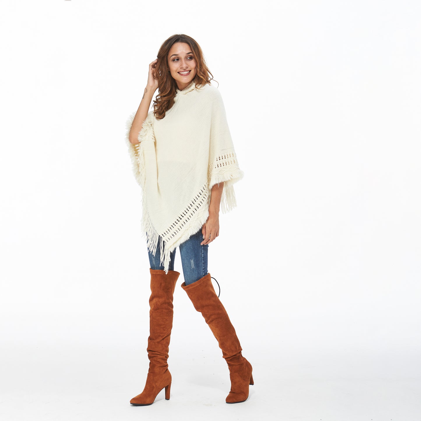 White Fringe Trim Batwing Sleeve Asymmetrical Hem Poncho Hooded Sweater