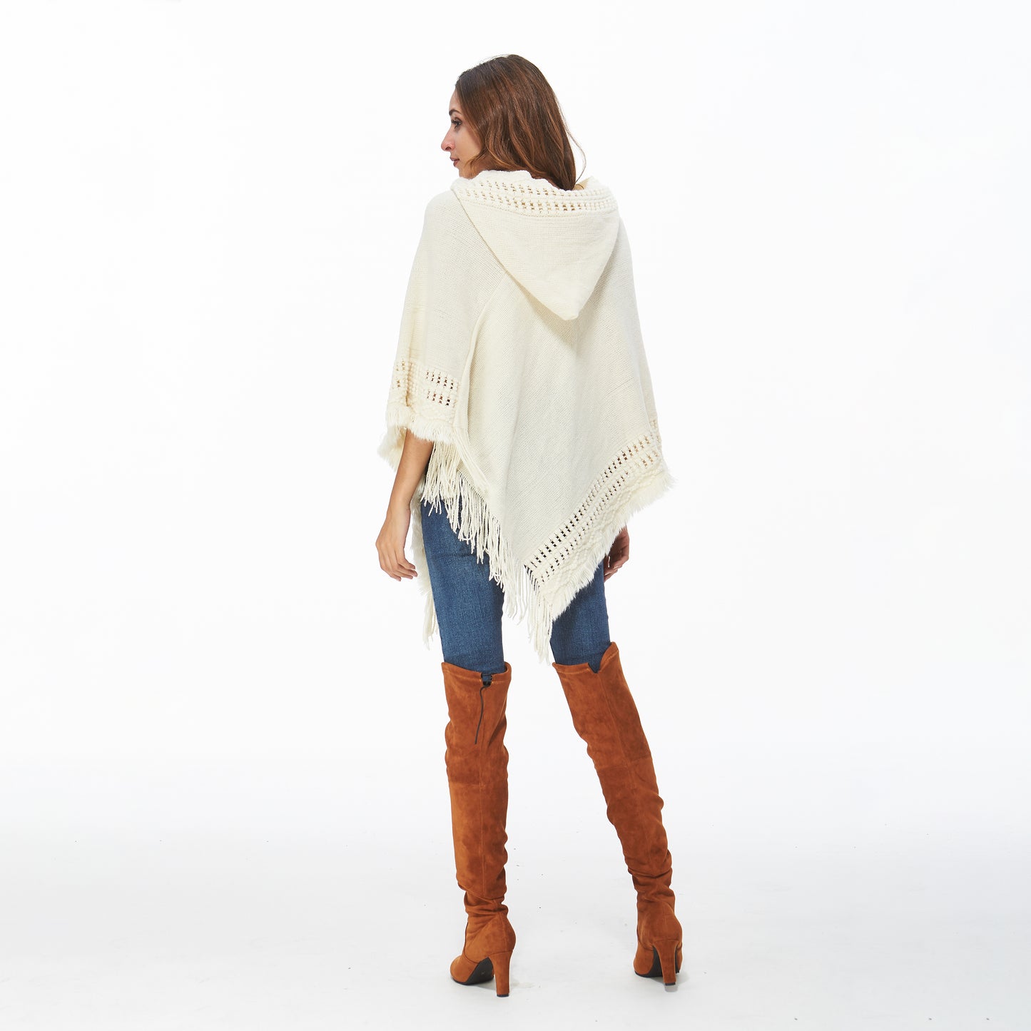 White Fringe Trim Batwing Sleeve Asymmetrical Hem Poncho Hooded Sweater