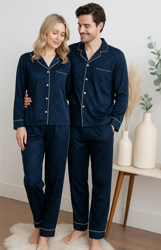 Dark Blue Squared Button Front Long Sleeves Pajama Set