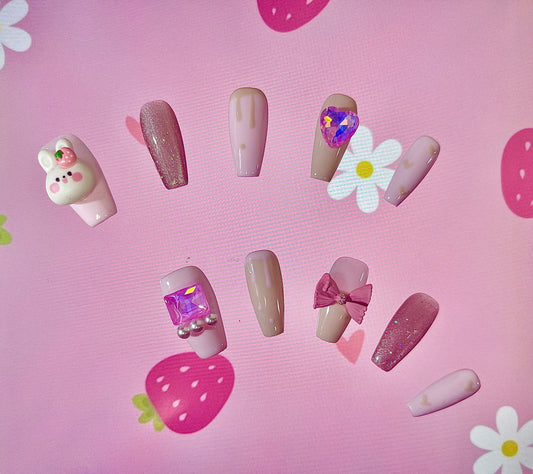 100% Handmade Press on Nails- Bunny1 (Medium Length)