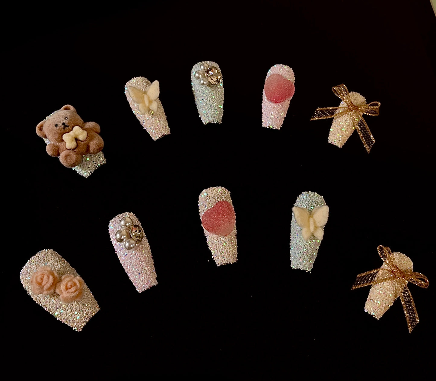 100% Handmade Press on Nails- Bear Candy (Medium Length)