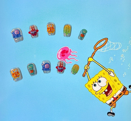 100% Handmade Press on Nails- 3D Sponge Bob (short shapes)