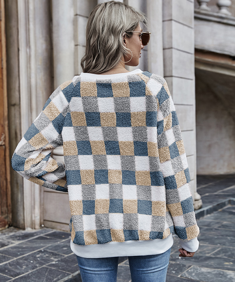 Plaid Pattern Drop Shoulder Duffle Teddy Sweater