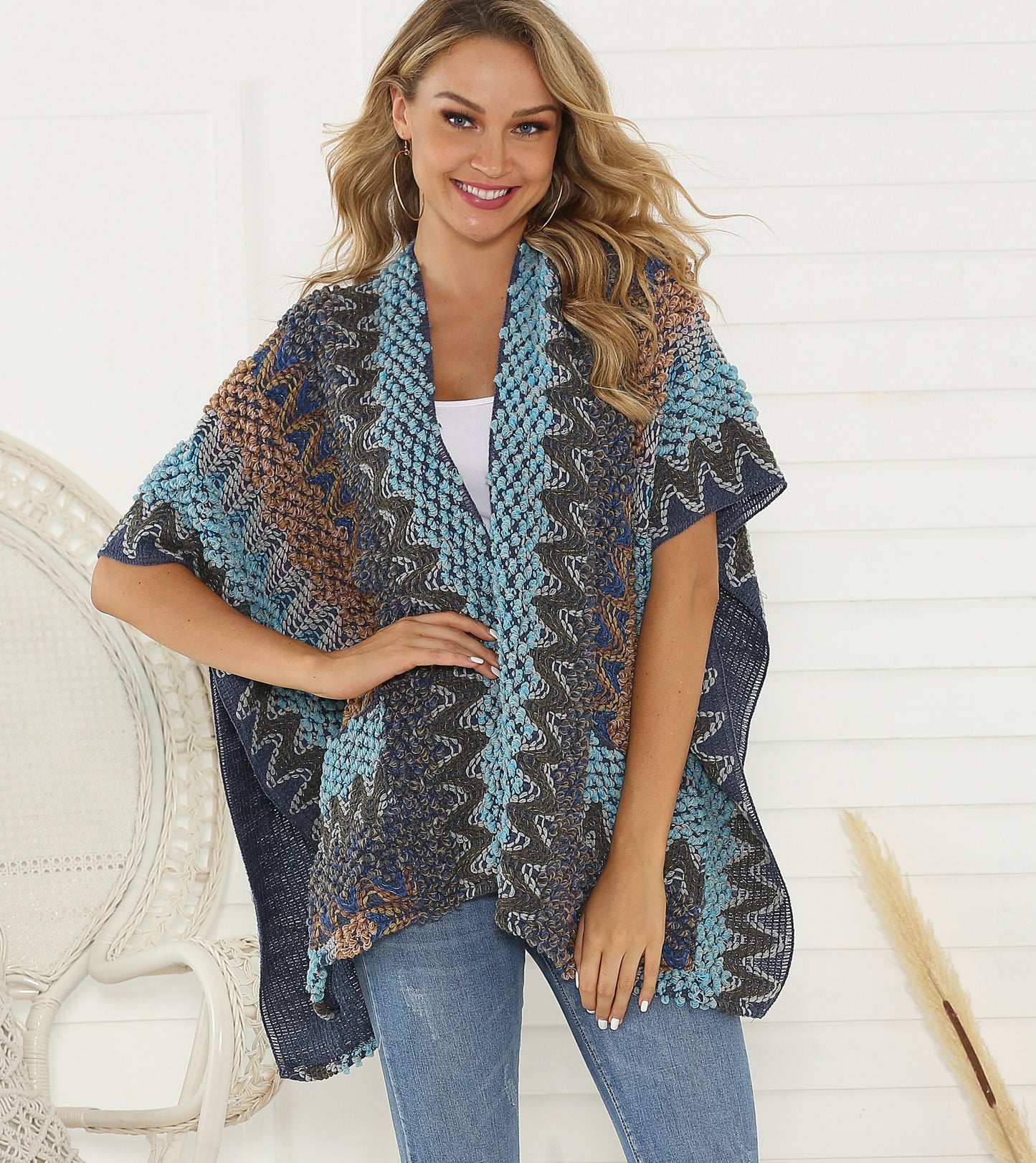 Blue Braid Pattern Trim Shawl with Pocket