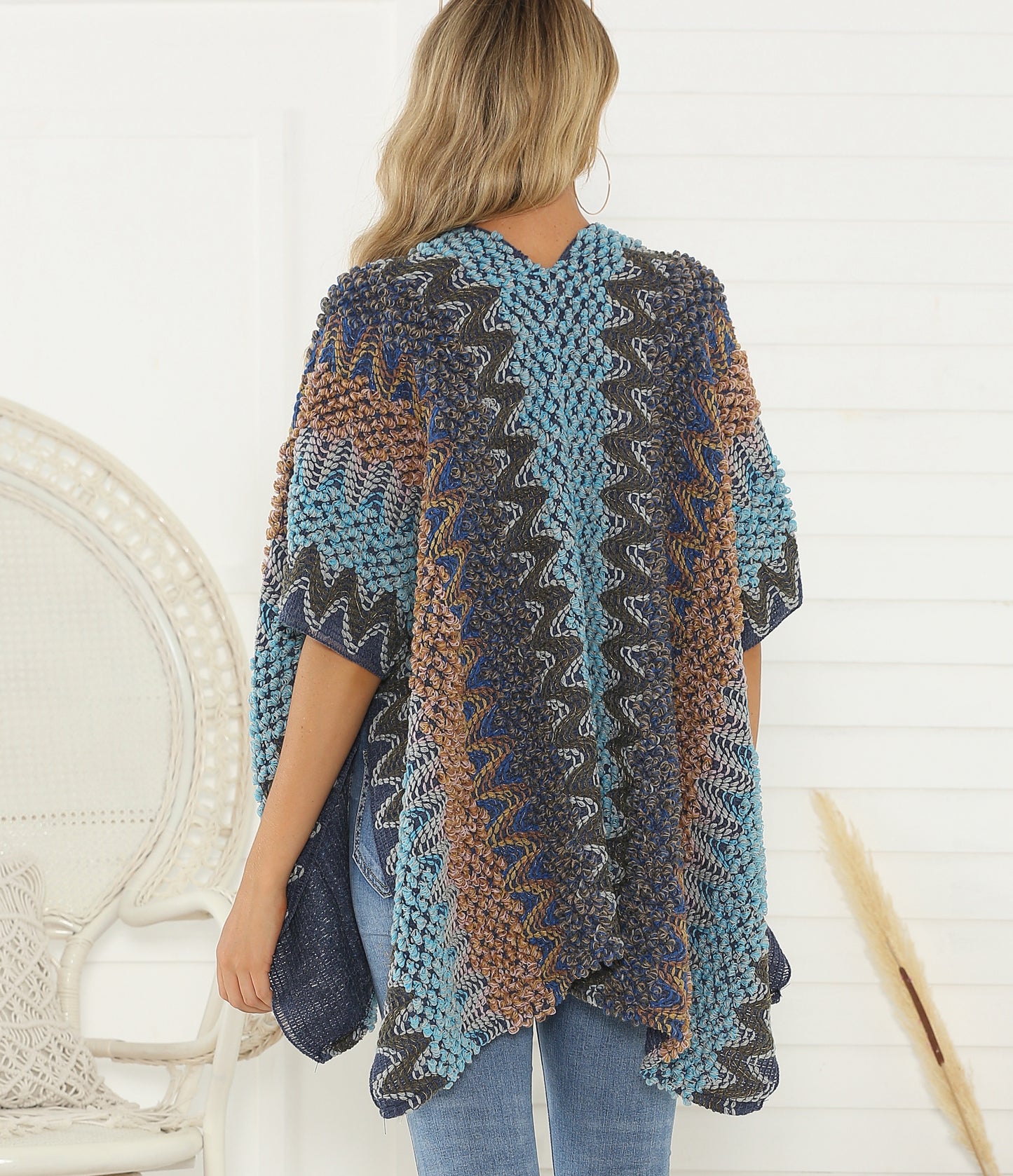 Blue Braid Pattern Trim Shawl with Pocket