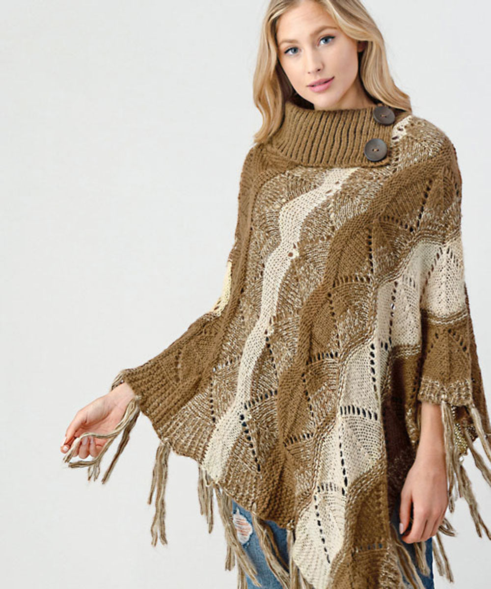 Khaki Fringe Trim Batwing Sleeve Asymmetrical Hem Poncho Sweater