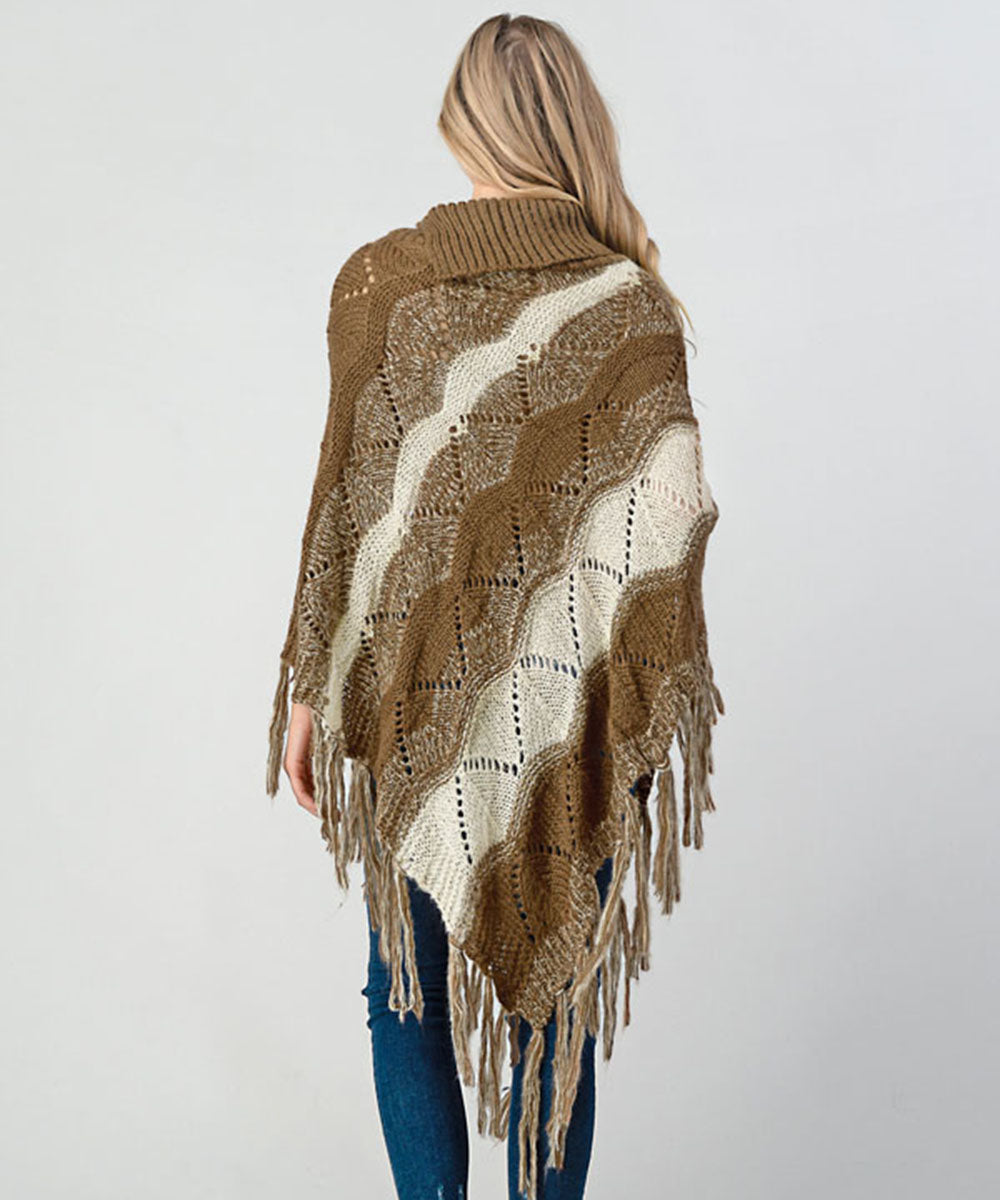 Khaki Fringe Trim Batwing Sleeve Asymmetrical Hem Poncho Sweater