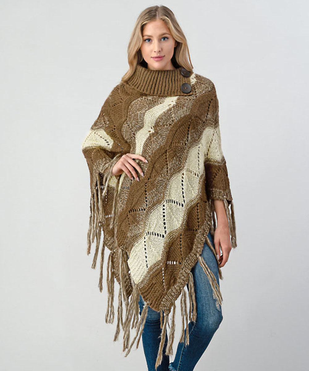 Khaki Fringe Trim Batwing Sleeve Asymmetrical Hem Poncho Sweater