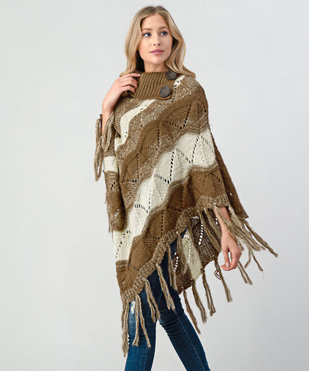 Khaki Fringe Trim Batwing Sleeve Asymmetrical Hem Poncho Sweater