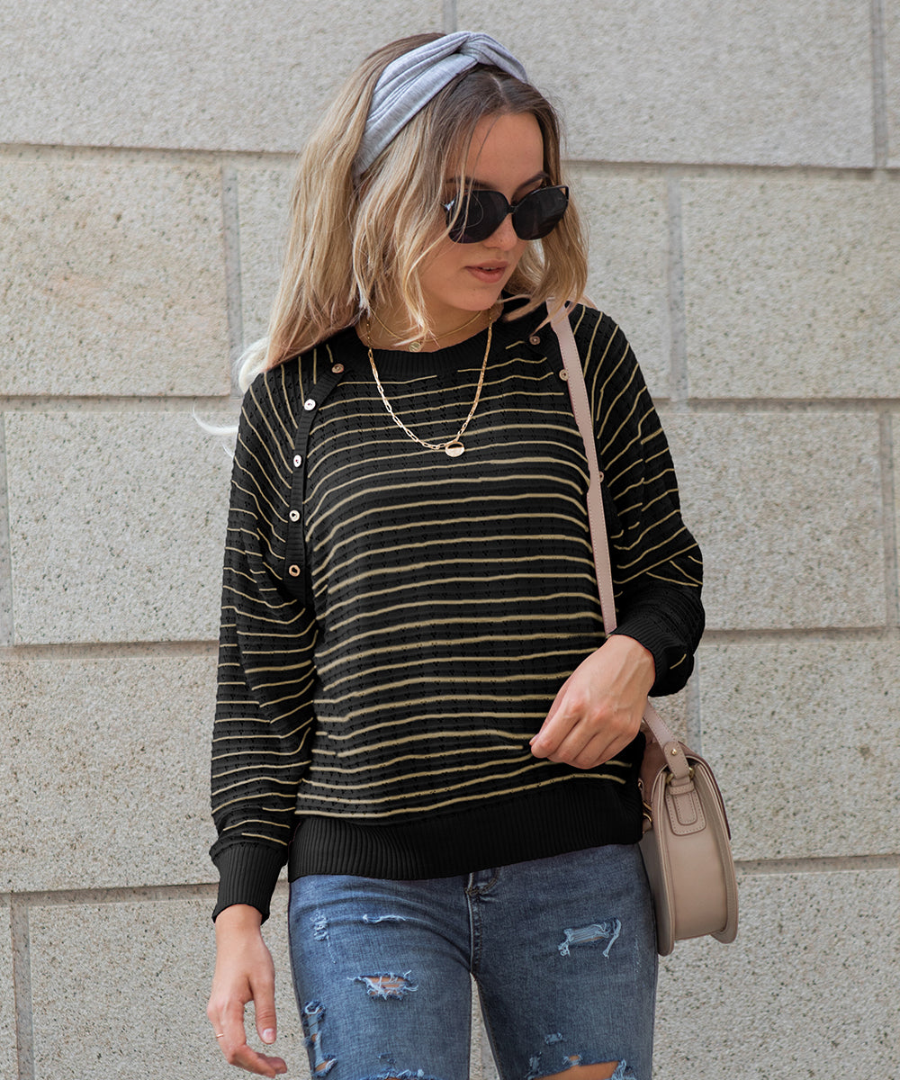 Striped Pattern Button Detail Raglan Sleeve Sweater