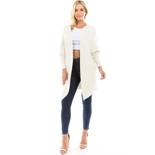 white long Solid color drop shoulder knit cardigan with bat sleeve