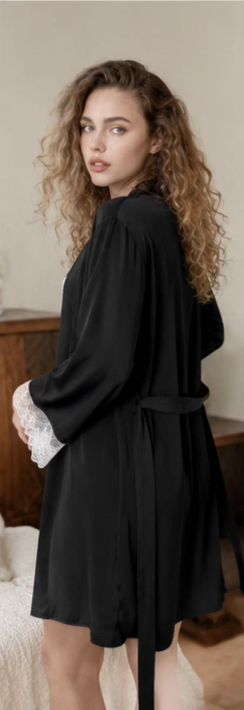 2 pieces Iced Black with lace High-End Silk Robe and nightgown sets