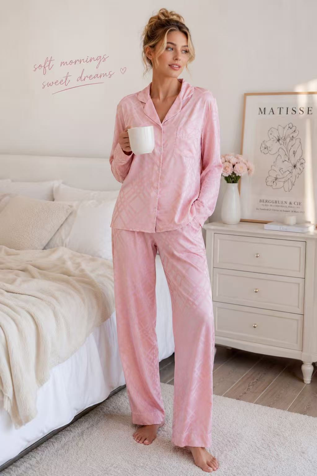 Pink Squared Button Front Long Sleeves Pajama Set