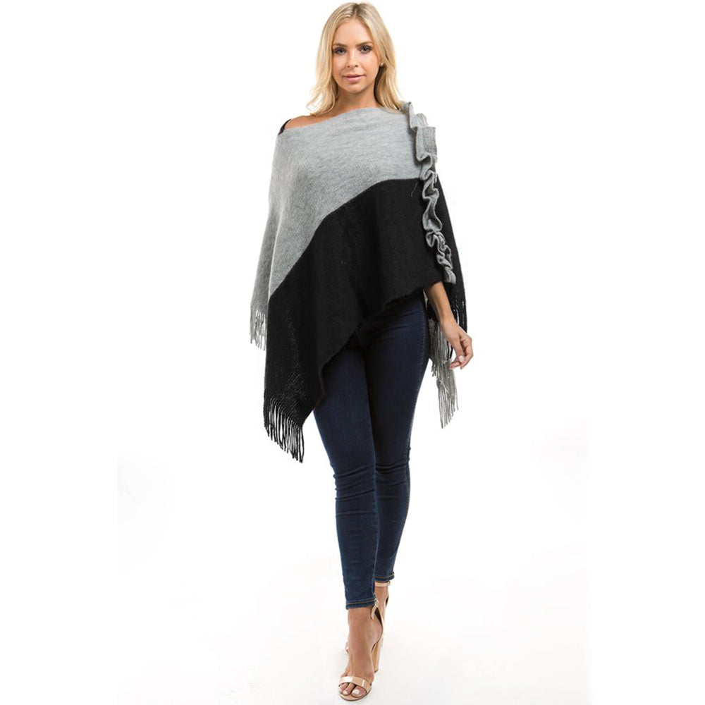 Black& Gray Fringe Trim Batwing Sleeve Asymmetrical Hem Poncho Sweater