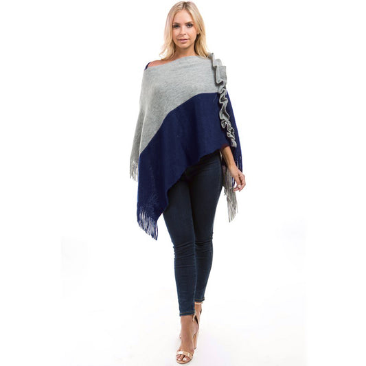 Blue& Gray Fringe Trim Batwing Sleeve Asymmetrical Hem Poncho Sweater