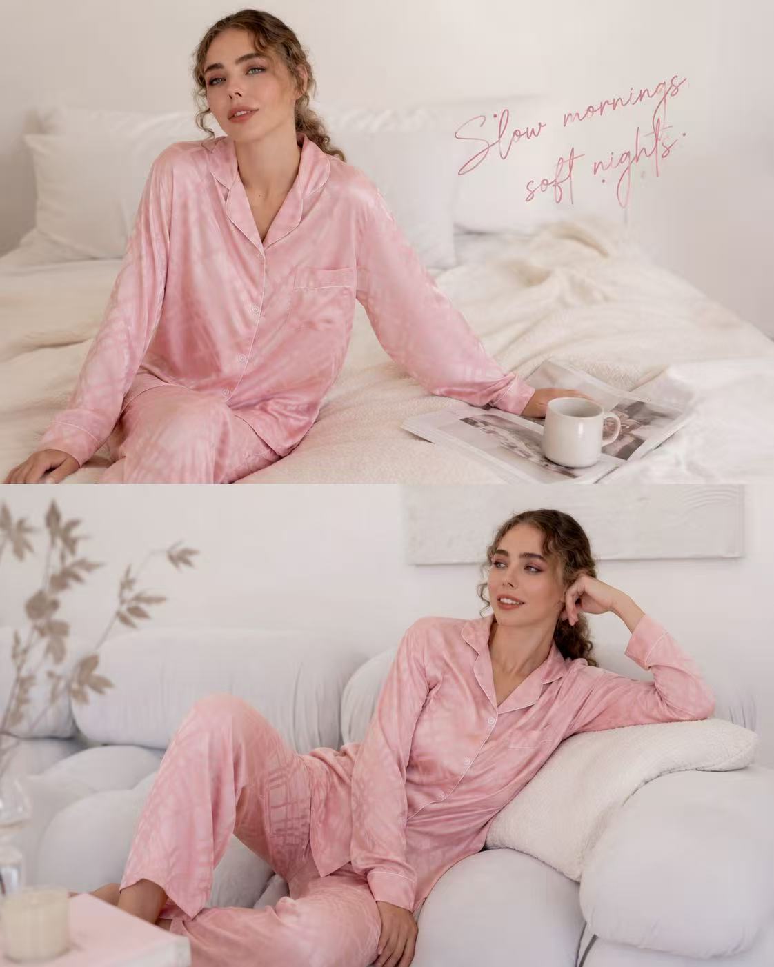 Pink Squared Button Front Long Sleeves Pajama Set