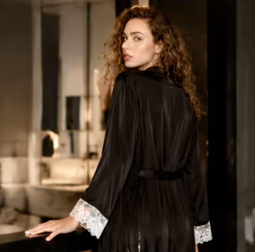 2 pieces Iced Black with lace High-End Silk Robe and nightgown sets