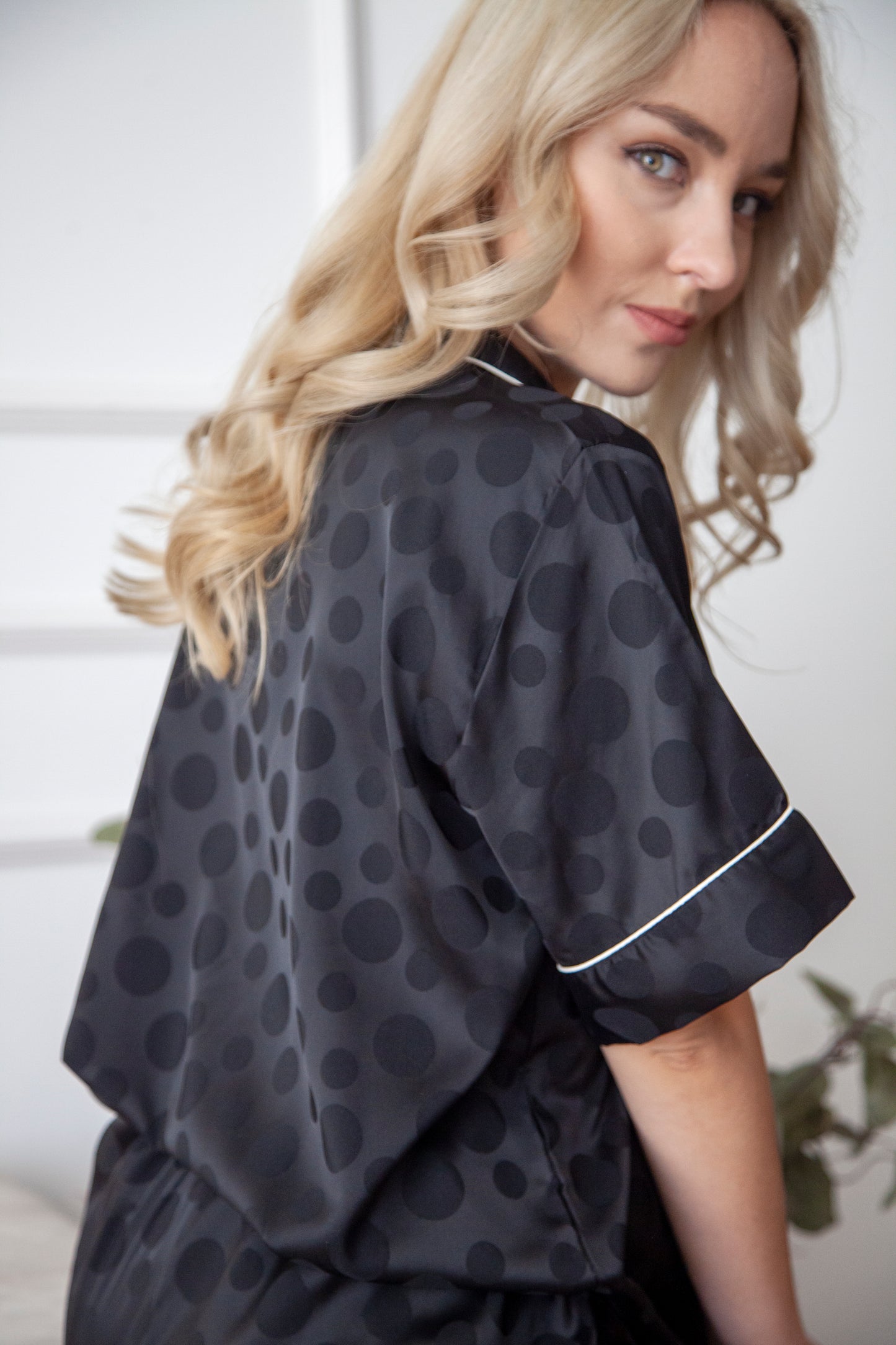 Black Polka Dot Button Front Pajama Set