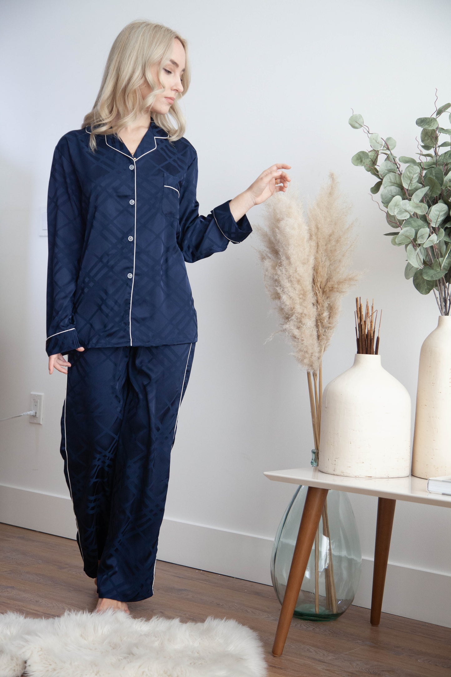 Dark Blue Squared Button Front Long Sleeves Pajama Set