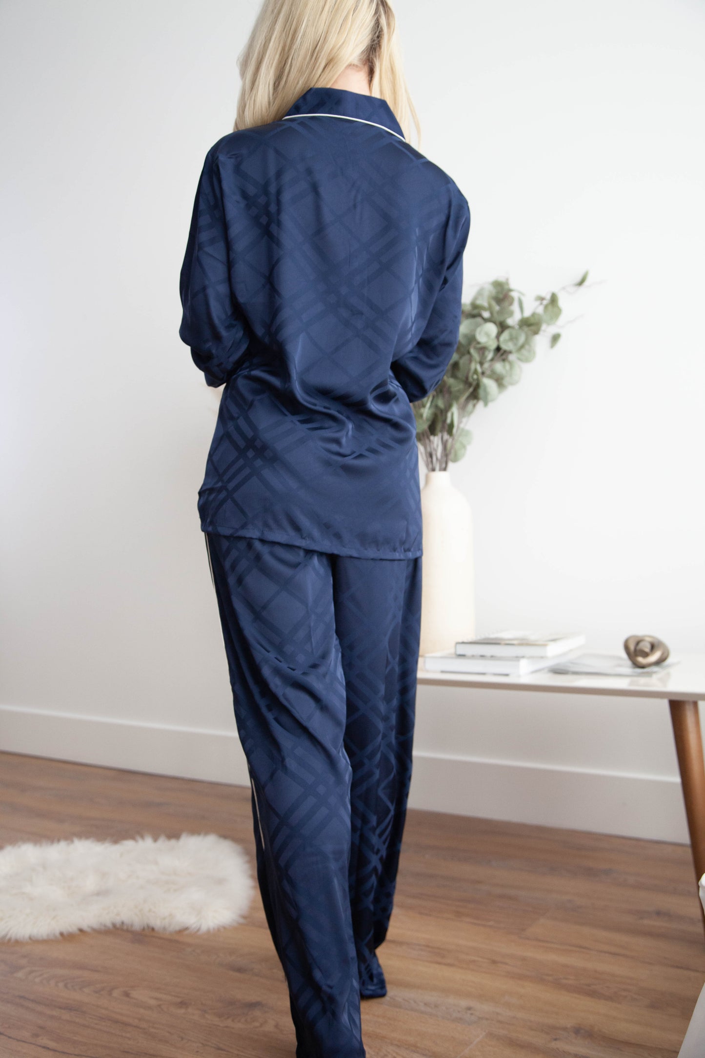 Dark Blue Squared Button Front Long Sleeves Pajama Set